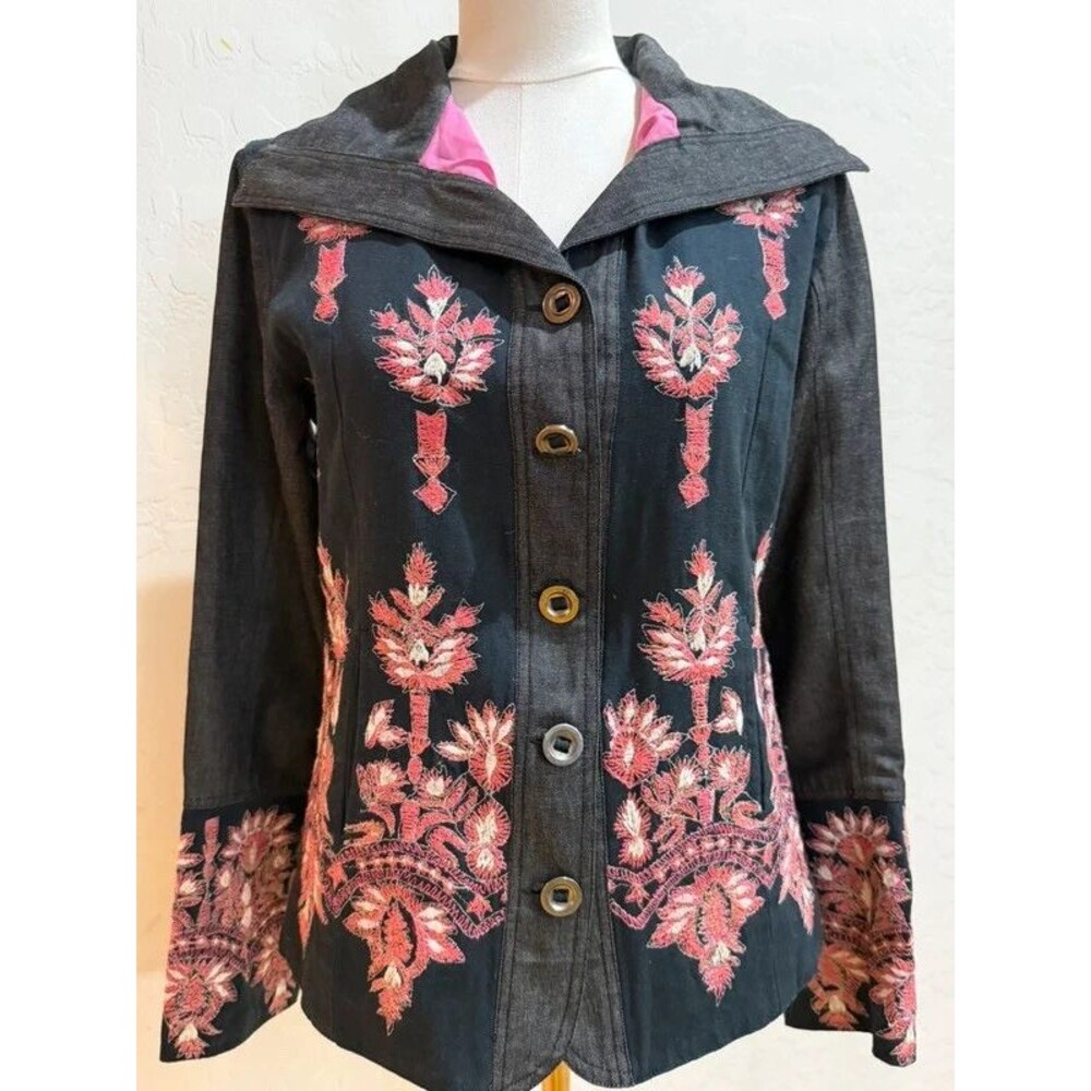 Tracy Porter Embroidered Floral Jacket 4-6 Black Pink Boho Whimsygoth